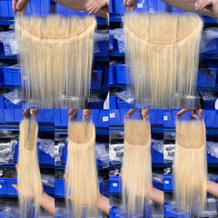 #613 Blonde Hair Transparent Lace Closure & Frontal Straight