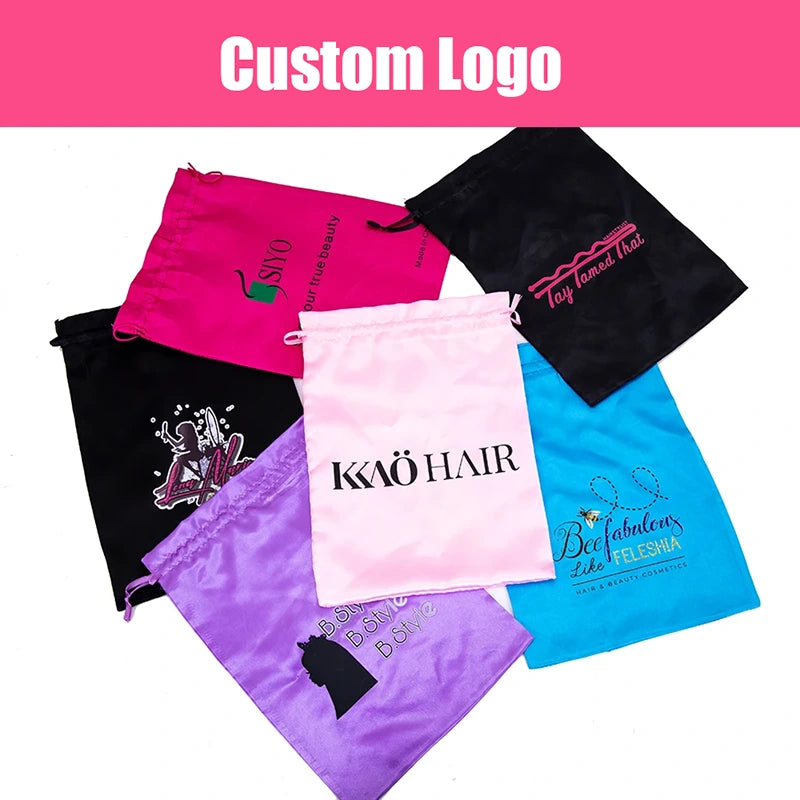 Custom Logo Drawstring Satin Bags For Hair Extensions & Wigs