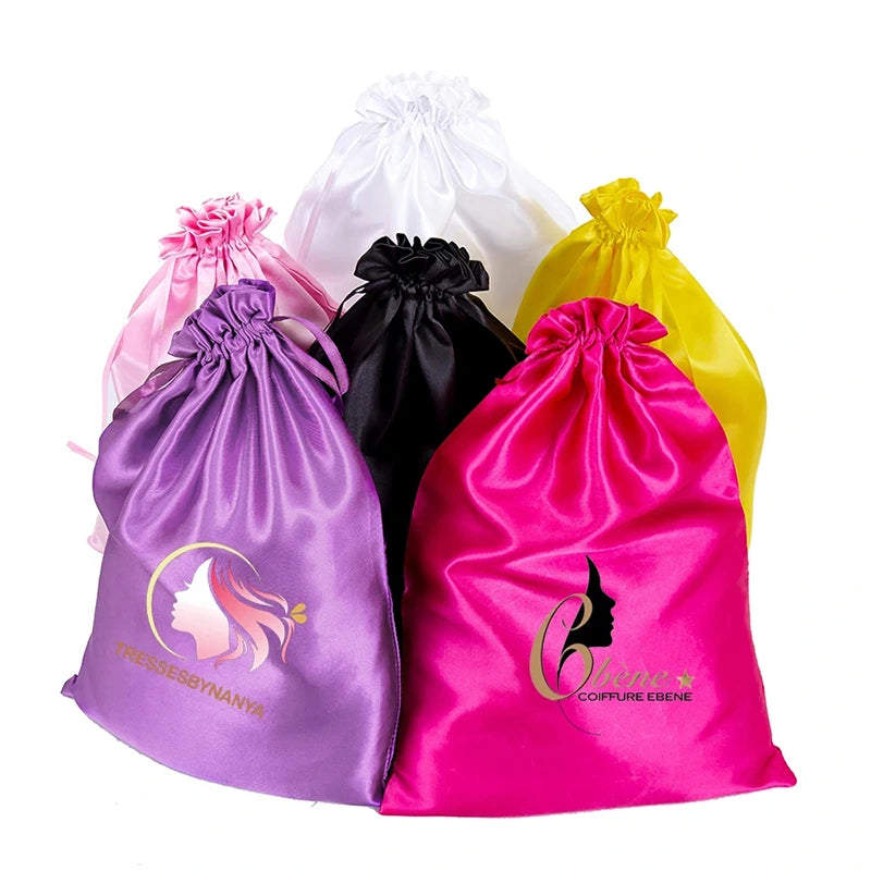 Custom Logo Drawstring Satin Bags For Hair Extensions & Wigs