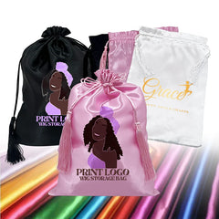 Custom Logo Drawstring Satin Bags For Hair Extensions & Wigs